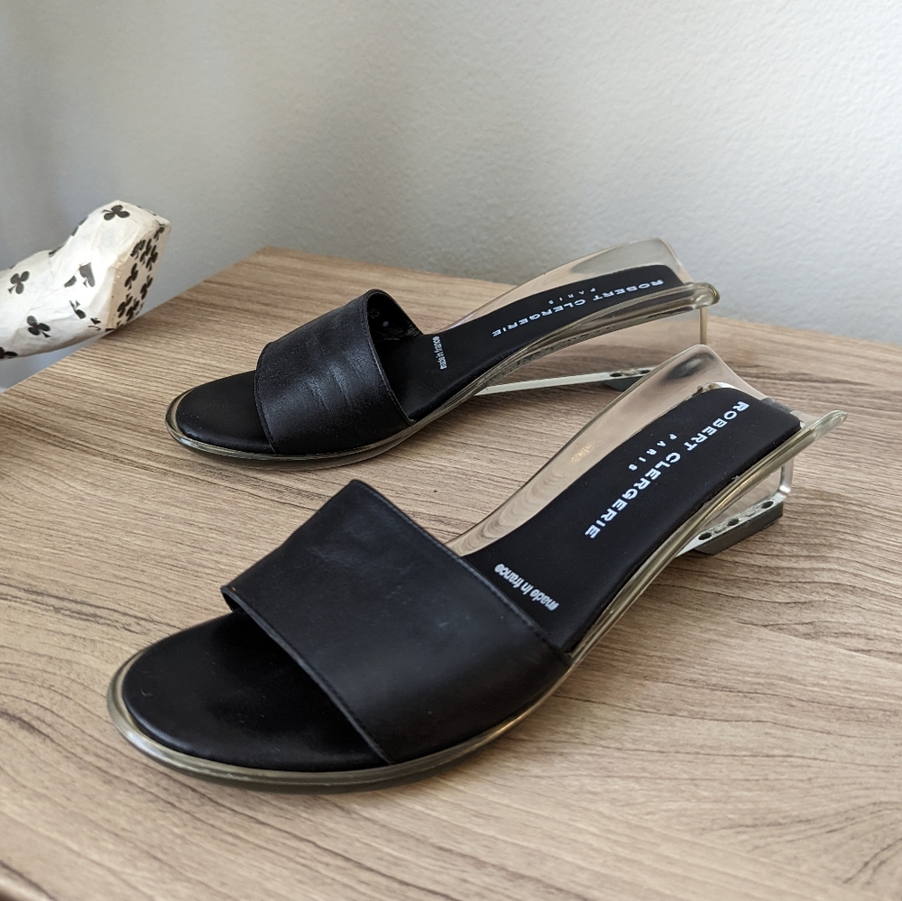 Robert Clergerie 'Lorie' black leather acrylic wedge sandals